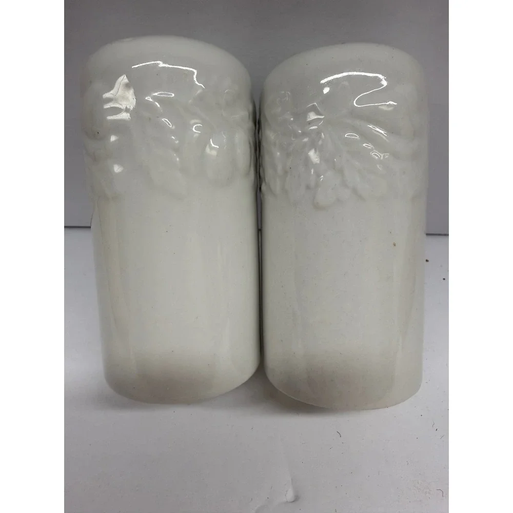 Vintage White Ceramic Salt and Pepper Shakers Embossed Fruit Leaf Design Set